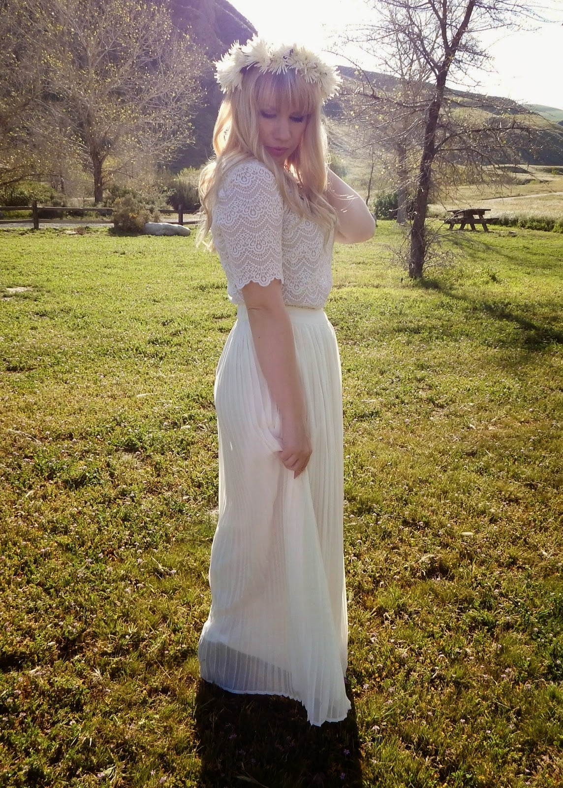 White Lace Top With Pleated Skirt White Lace Top With Pleated Skirt — Aesthetic Lace Top Outfit