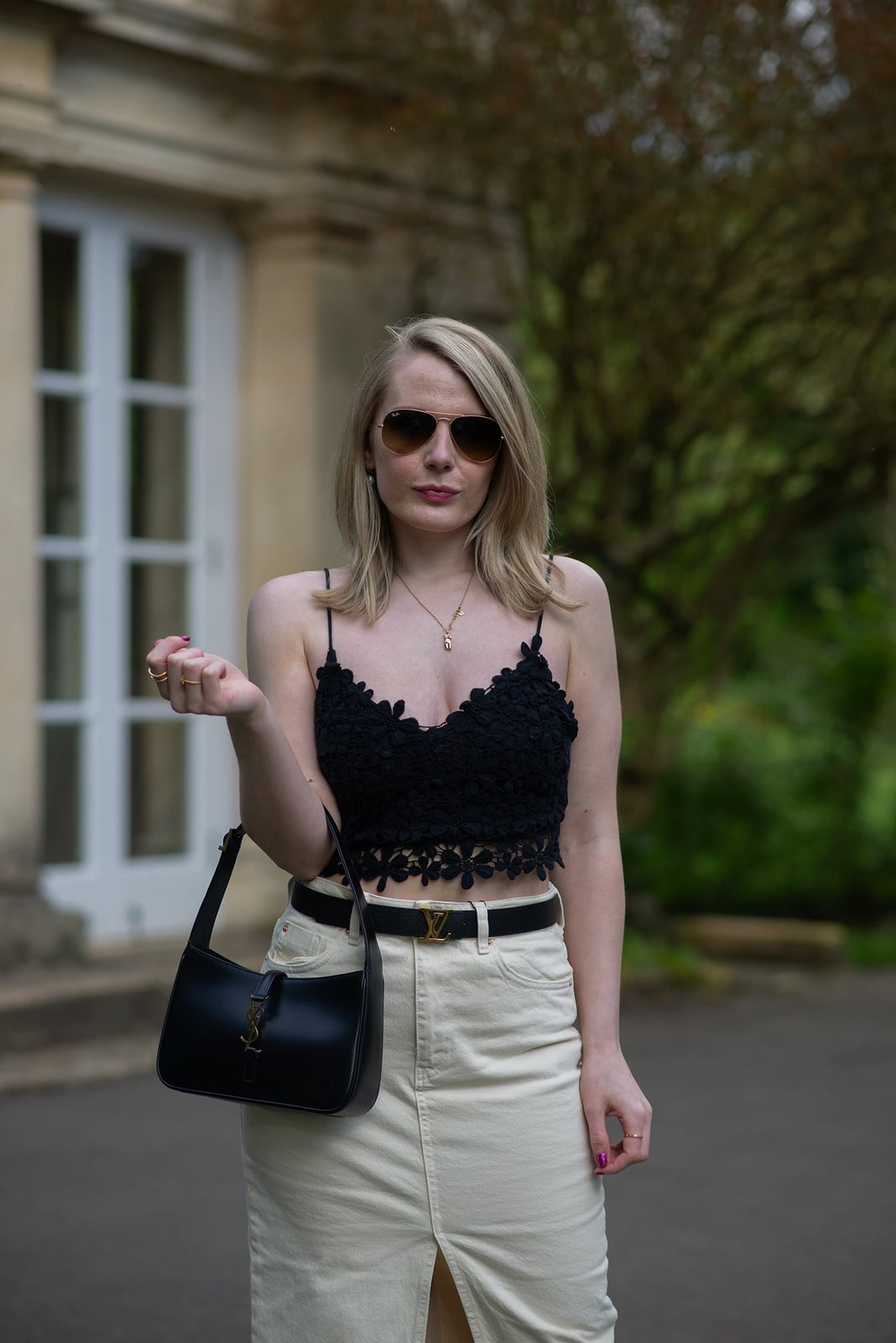 Black Lace Top With Denim Maxi Skirt Black Lace Top With Denim Maxi Skirt — Aesthetic Lace Top Outfit