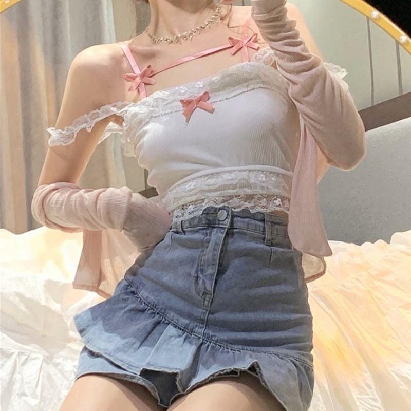 White Lace Tank Top With Ruffled Skirt White Lace Tank Top With Ruffled Skirt — Aesthetic Lace Top Outfit