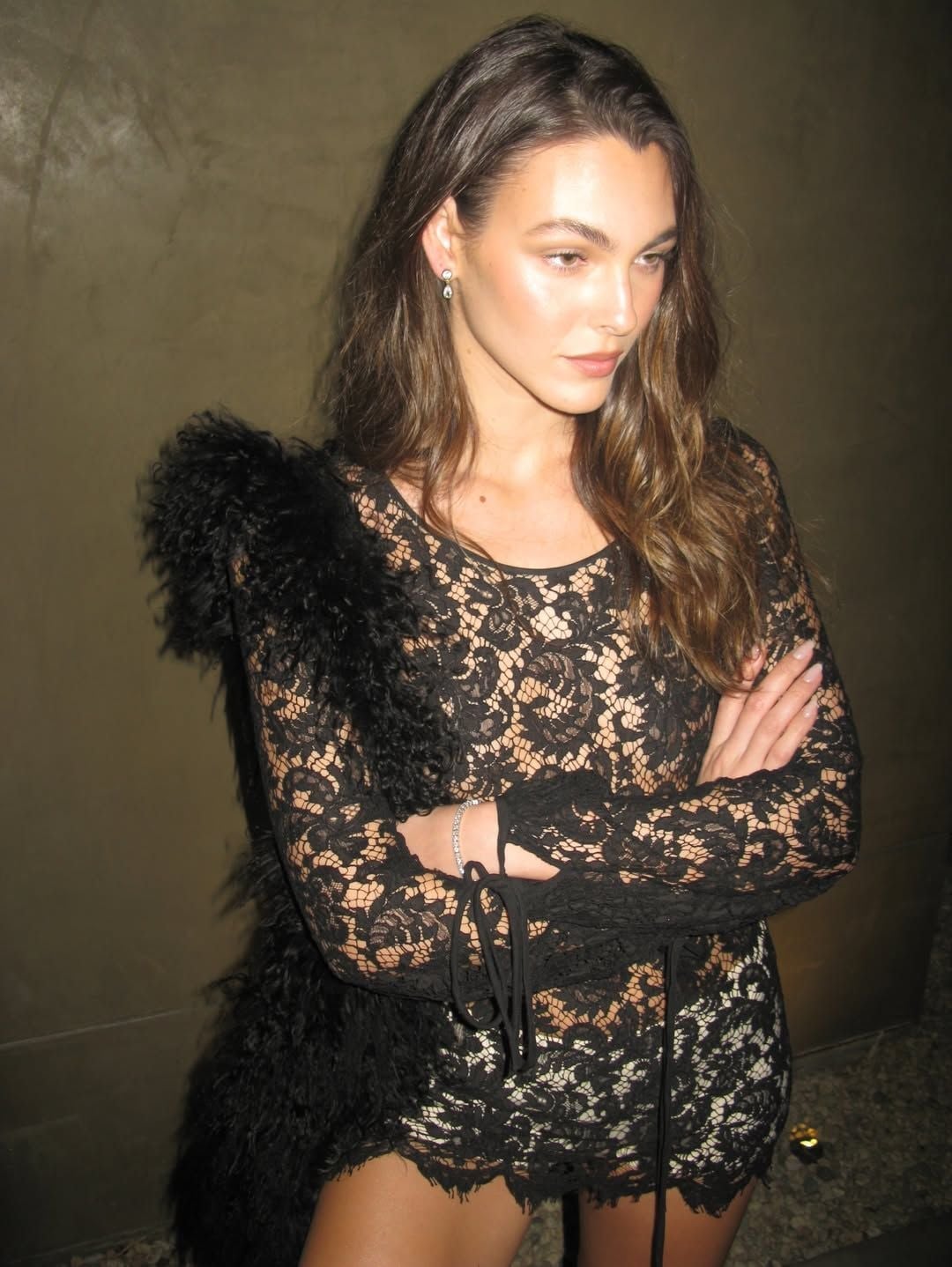 Black Lace Long-Sleeve Top With Faux Fur Stole, Close-Up Take Black Lace Long-Sleeve Top With Faux Fur Stole, Close-Up Take — Aesthetic Lace Top Outfit