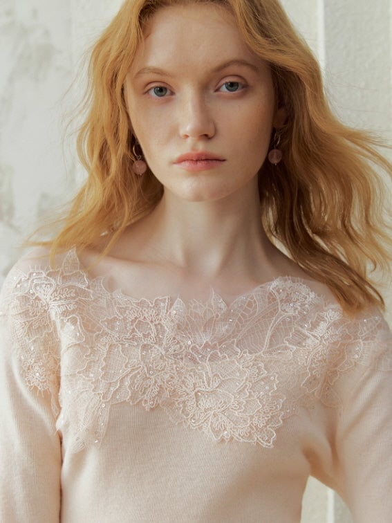 Pink Knit Sweater With Lace Collar Pink Knit Sweater With Lace Collar — Aesthetic Lace Top Outfit