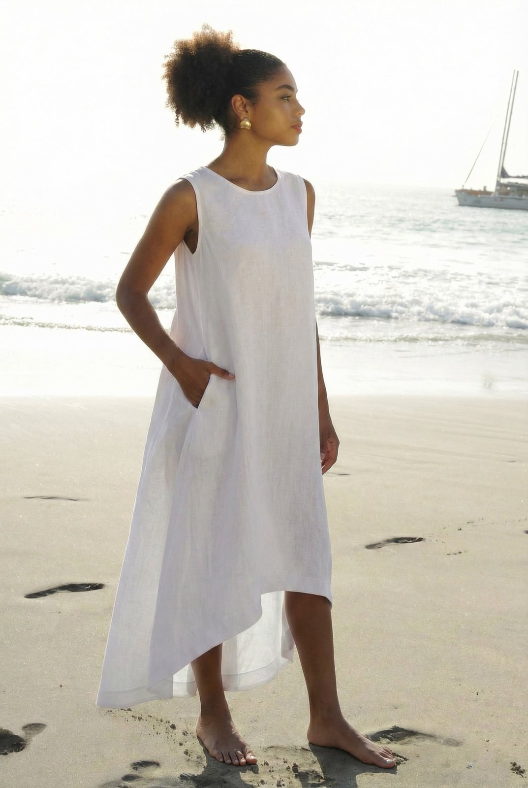 White Linen Dress with Asymmetrical Hemline White Linen Dress with Asymmetrical Hemline — Aesthetic Linen Dress