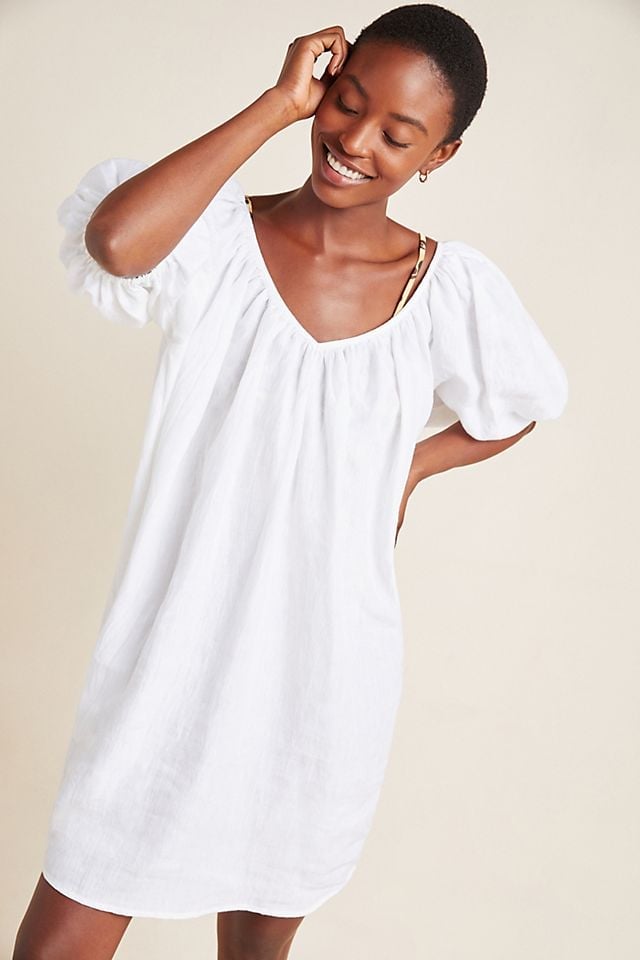 White Linen Mini Dress with Short Puff Sleeves White Linen Mini Dress with Short Puff Sleeves — Aesthetic Linen Dress