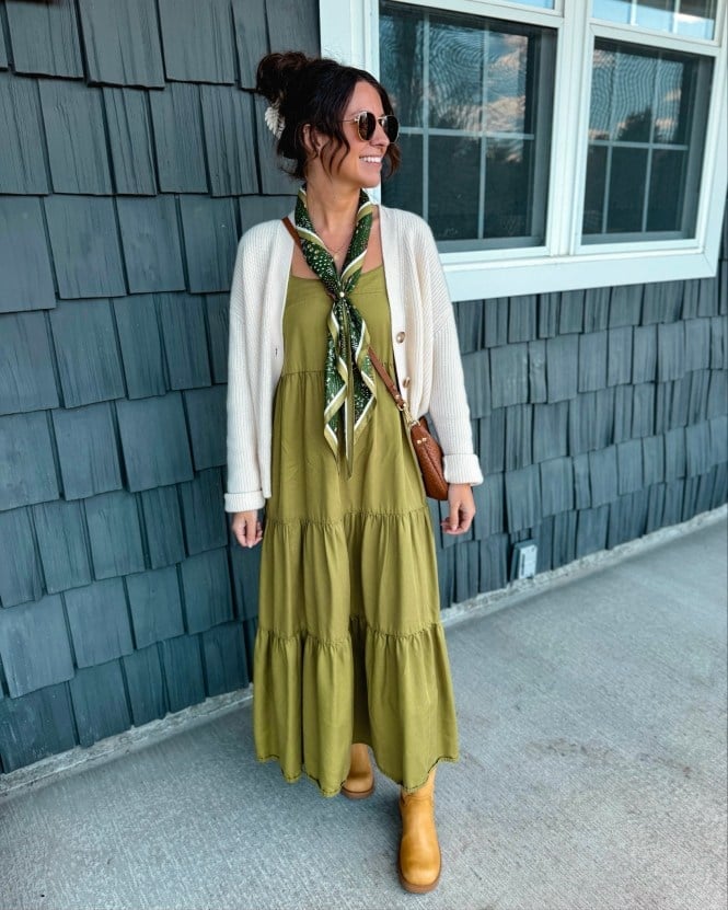 Olive Green Tiered Linen Midi Dress Layered Outfit Olive Green Tiered Linen Midi Dress Layered Outfit — Aesthetic Linen Dress