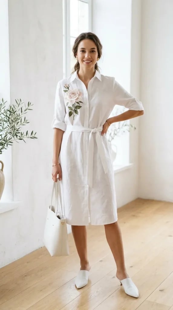 White Linen Shirt Dress with Embroidered Rose White Linen Shirt Dress with Embroidered Rose — Aesthetic Linen Dress