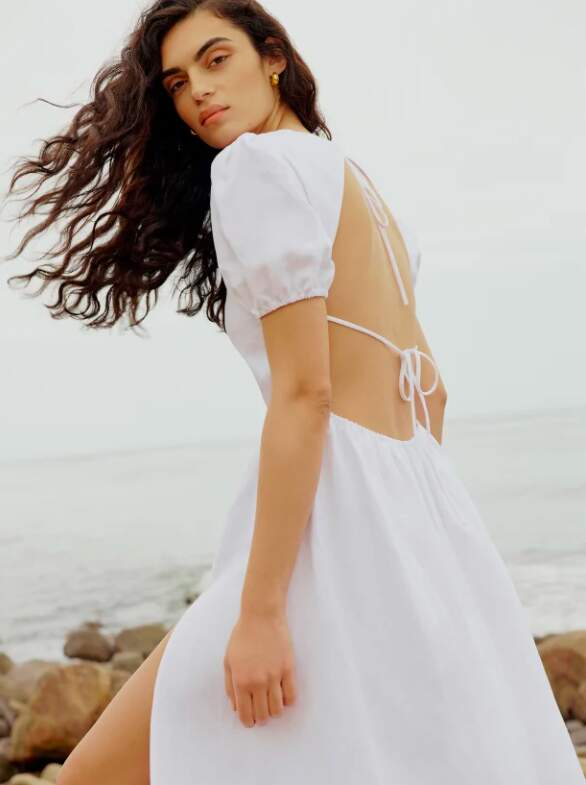 White Linen Maxi Dress with Puff Sleeves and Open Back White Linen Maxi Dress with Puff Sleeves and Open Back — Aesthetic Linen Dress