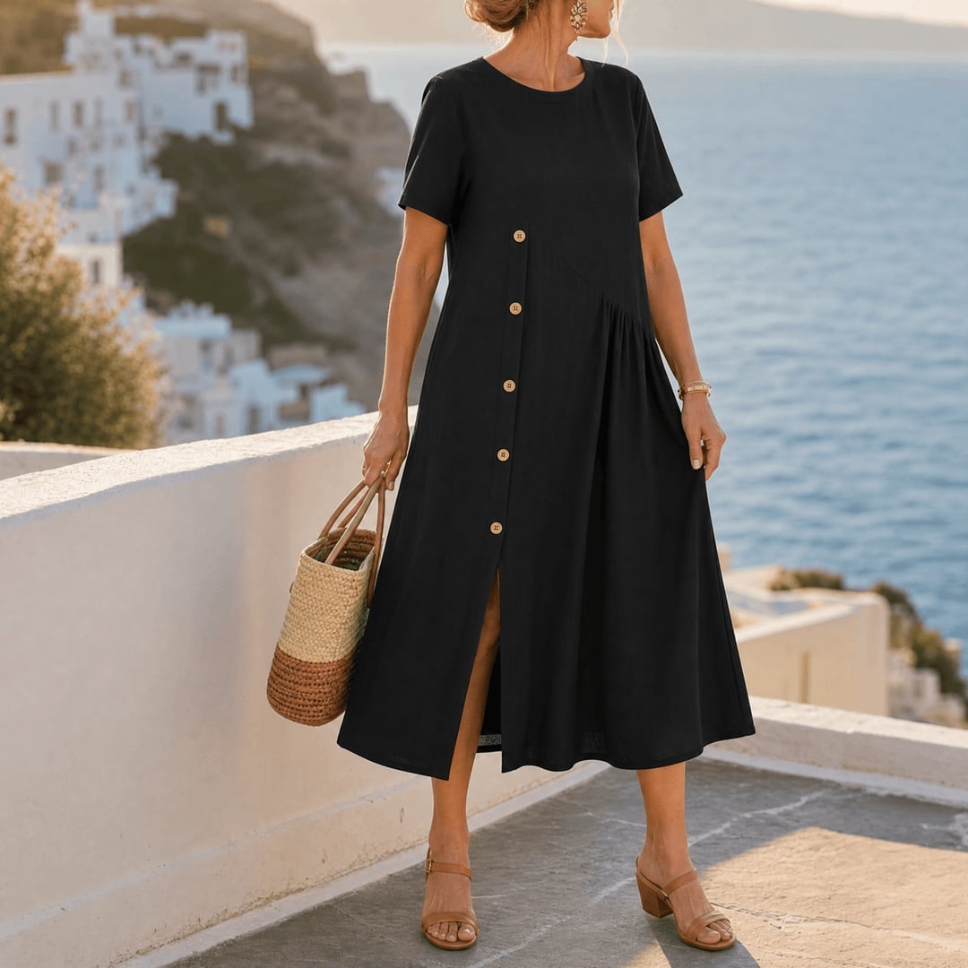 Black Linen Midi Dress with Button Front Black Linen Midi Dress with Button Front — Aesthetic Linen Dress