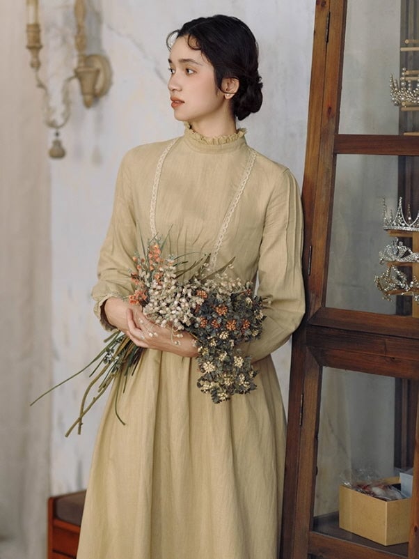 Beige Linen Midi Dress with Lace Trim Beige Linen Midi Dress with Lace Trim — Aesthetic Linen Dress