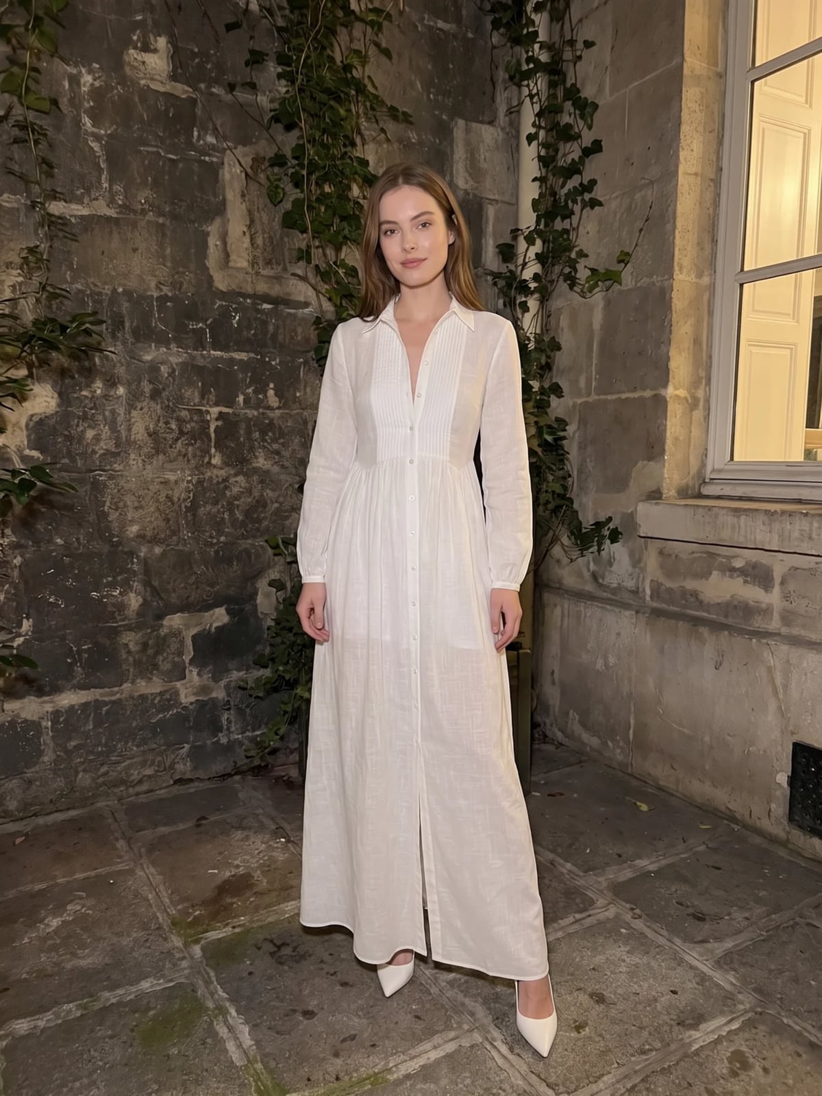 White Long Sleeve Linen Maxi Dress with Pintuck Detail White Long Sleeve Linen Maxi Dress with Pintuck Detail — Aesthetic Linen Dress