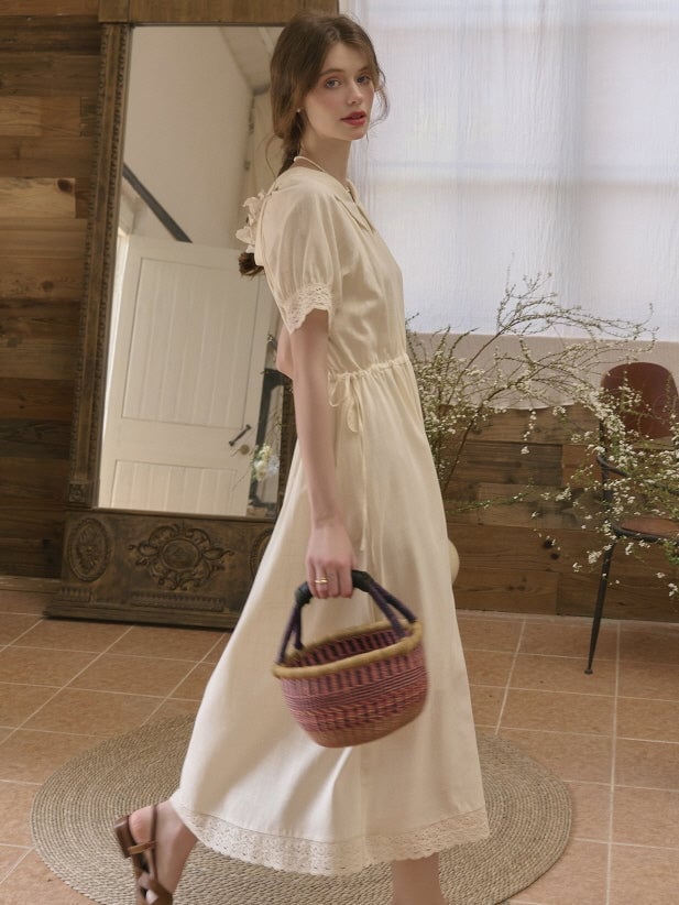 Ivory Linen Midi Dress with Lace Trim and Drawstring Waist Ivory Linen Midi Dress with Lace Trim and Drawstring Waist — Aesthetic Linen Dress