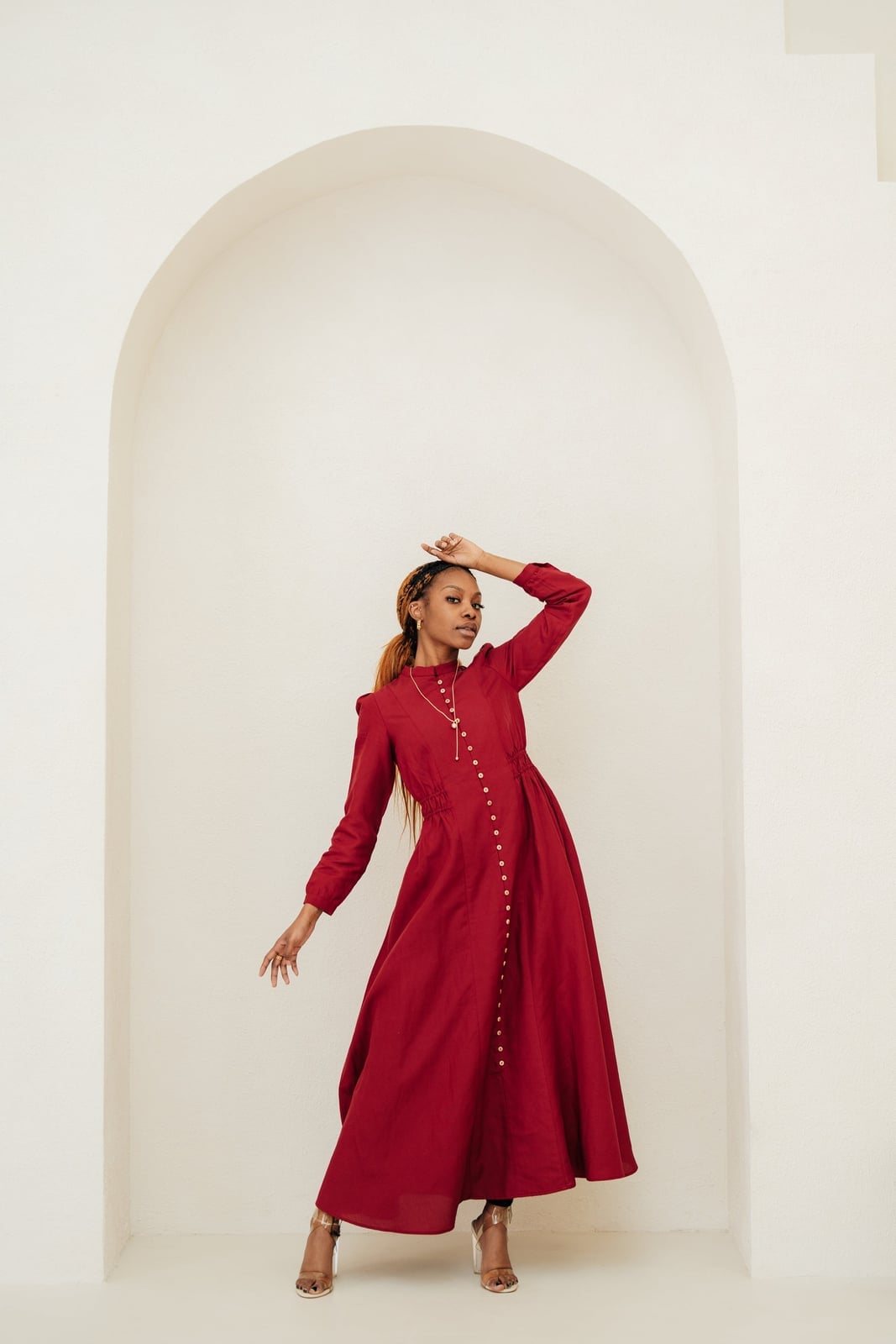 Deep Red Long Sleeve Linen Maxi Dress Deep Red Long Sleeve Linen Maxi Dress — Aesthetic Linen Dress