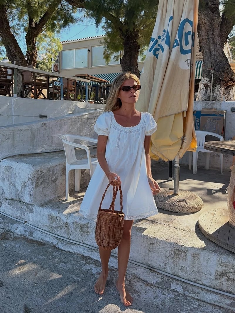 White Linen Mini Dress with Puff Sleeves and Lace Trim White Linen Mini Dress with Puff Sleeves and Lace Trim — Aesthetic Linen Dress