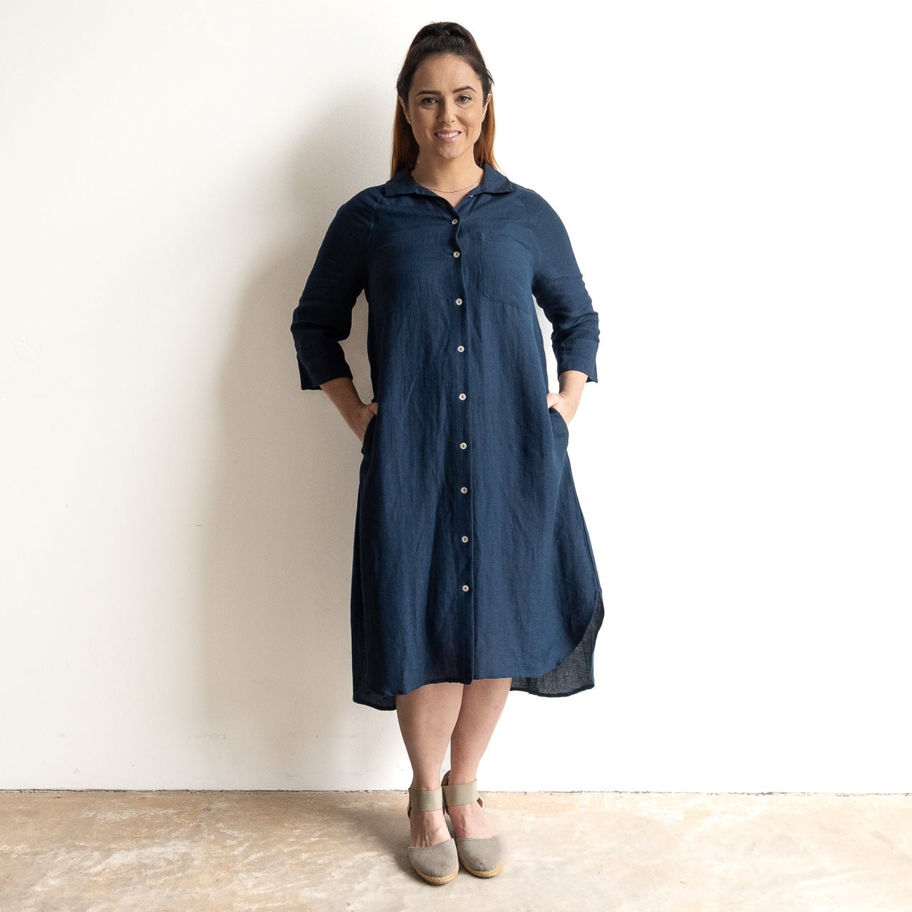 Navy Blue Linen Shirt Dress Midi Length Navy Blue Linen Shirt Dress Midi Length — Aesthetic Linen Dress