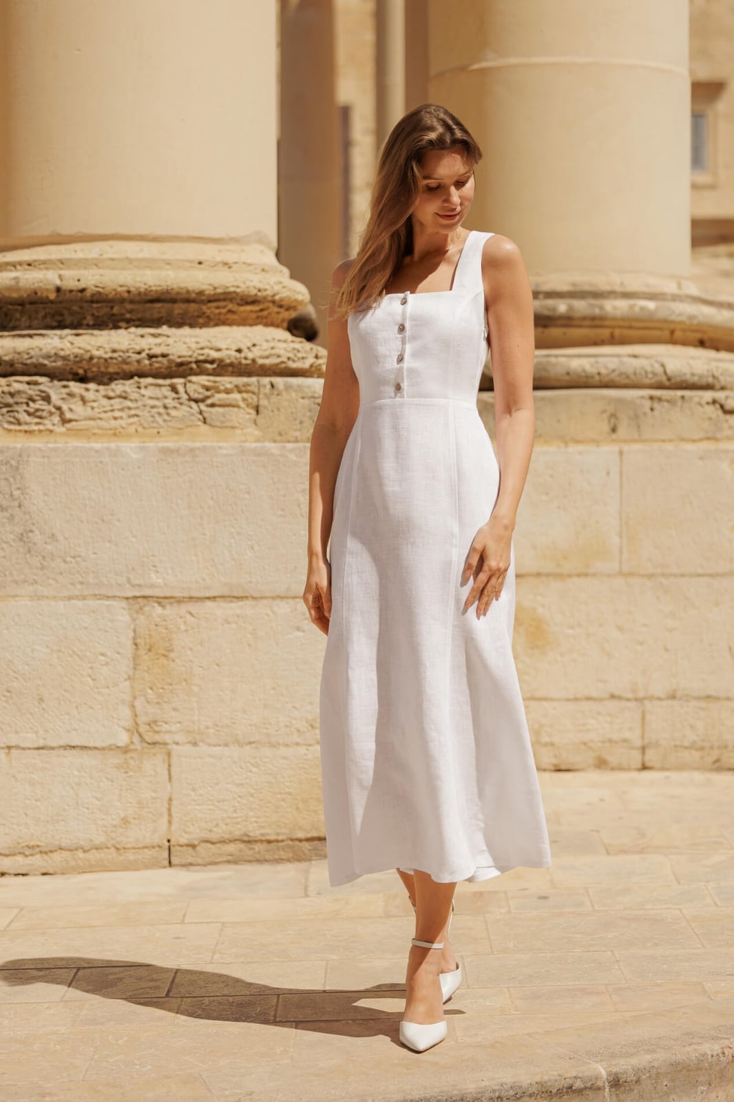 White Sleeveless Linen Midi Dress with Square Neckline White Sleeveless Linen Midi Dress with Square Neckline — Aesthetic Linen Dress