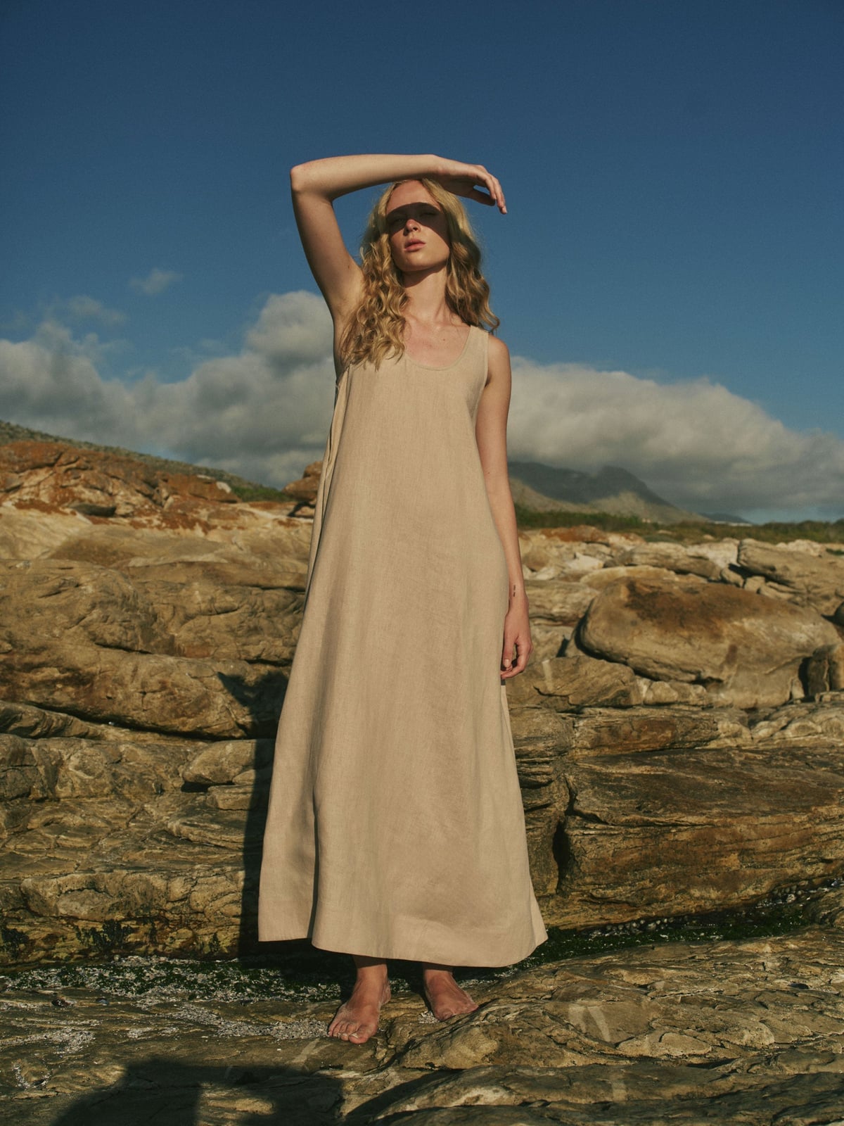 Beige Oversized Sleeveless Linen Maxi Dress on Shore Beige Oversized Sleeveless Linen Maxi Dress on Shore — Aesthetic Linen Dress