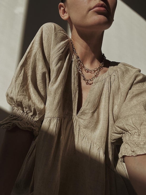 Textured Beige Linen Dress with Puff Sleeves Textured Beige Linen Dress with Puff Sleeves — Aesthetic Linen Dress