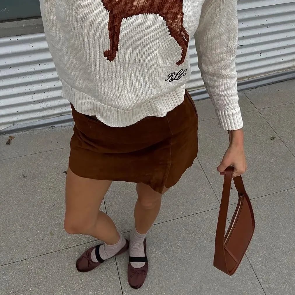 White Knit Sweater with Brown Mini Skirt White Knit Sweater with Brown Mini Skirt — Aesthetic Mary Janes Outfit