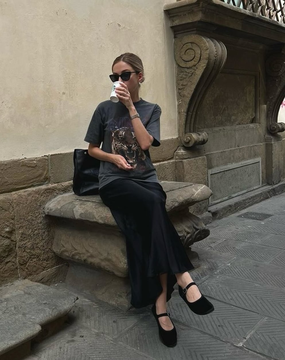 Grey Graphic T-Shirt with Black Satin Maxi Skirt Grey Graphic T-Shirt with Black Satin Maxi Skirt — Aesthetic Mary Janes Outfit