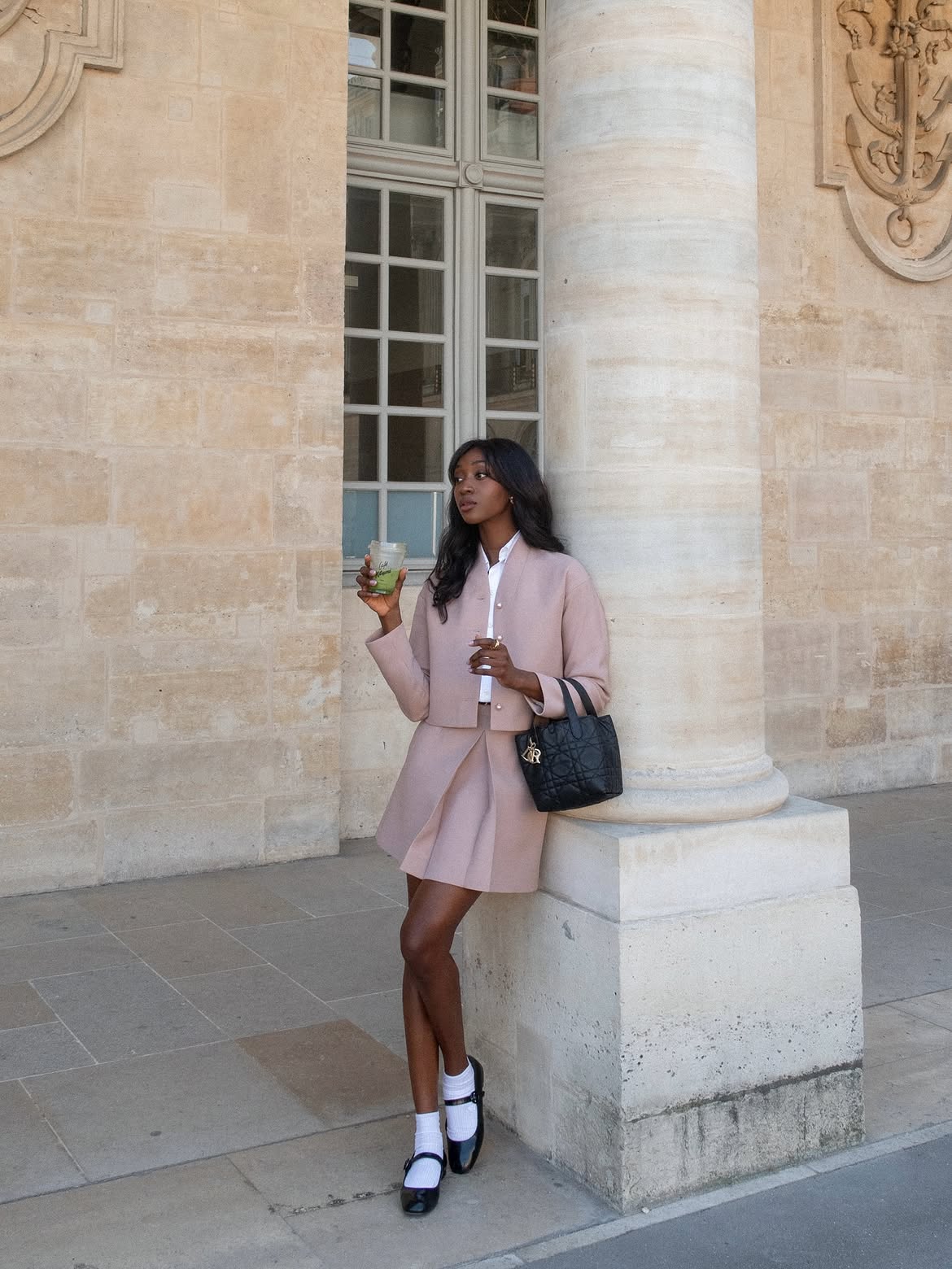 Pink Textured Jacket with Pleated Mini Skirt Pink Textured Jacket with Pleated Mini Skirt — Aesthetic Mary Janes Outfit