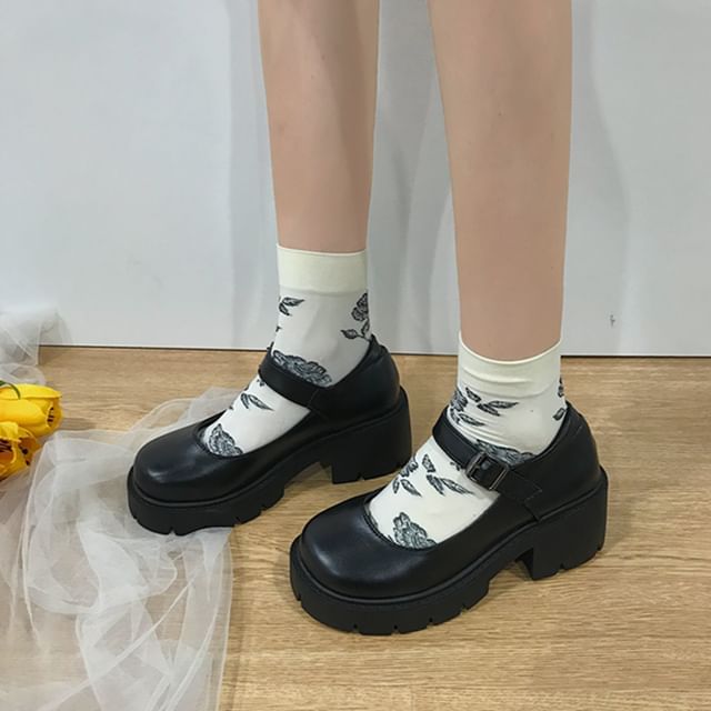 Black Patent Chunky Platform Mary Janes with Floral Socks Black Patent Chunky Platform Mary Janes with Floral Socks — Aesthetic Mary Janes Outfit