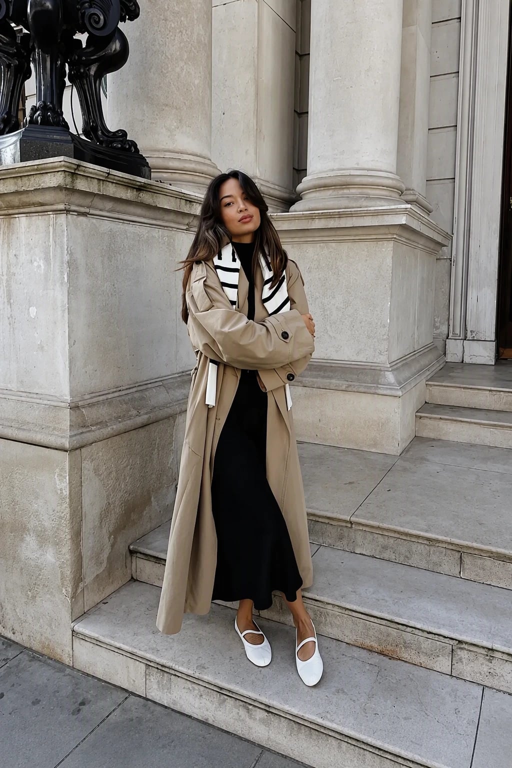 Beige Trench Coat Over Black Midi Dress Beige Trench Coat Over Black Midi Dress — Aesthetic Mary Janes Outfit
