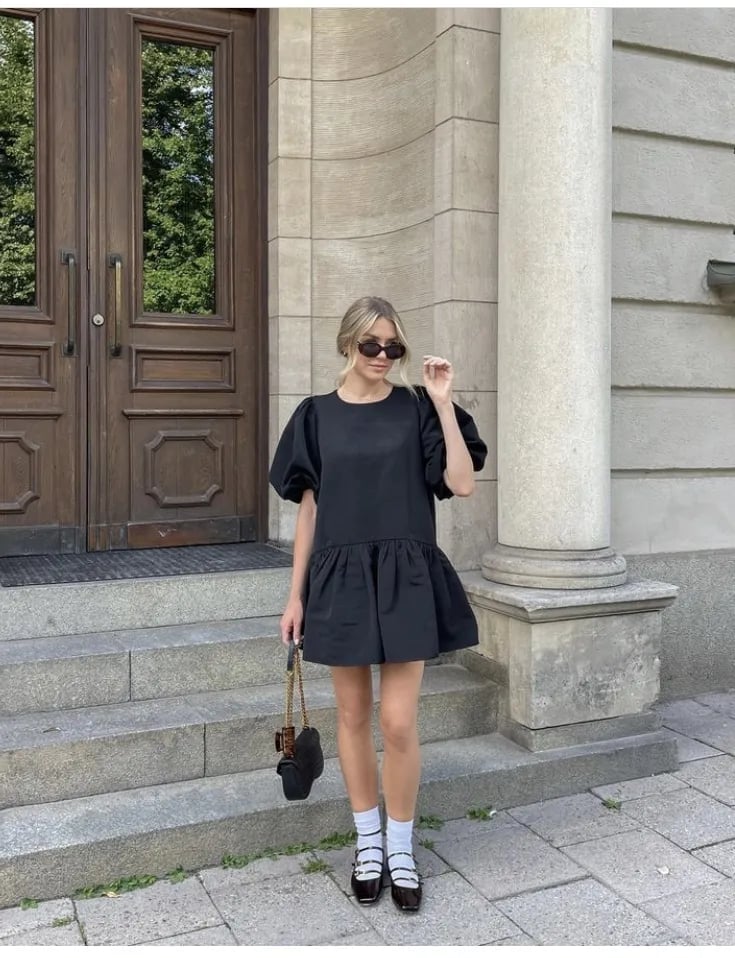 Black Mini Dress with Puff Sleeves Black Mini Dress with Puff Sleeves — Aesthetic Mary Janes Outfit