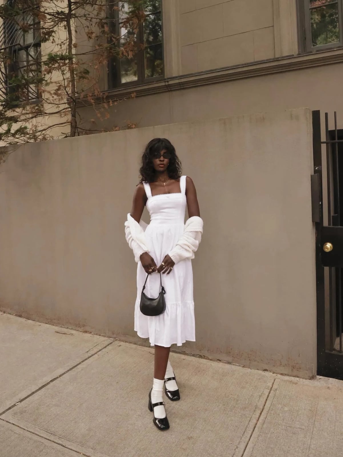 White Linen Dress with Knit Cardigan White Linen Dress with Knit Cardigan — Aesthetic Mary Janes Outfit