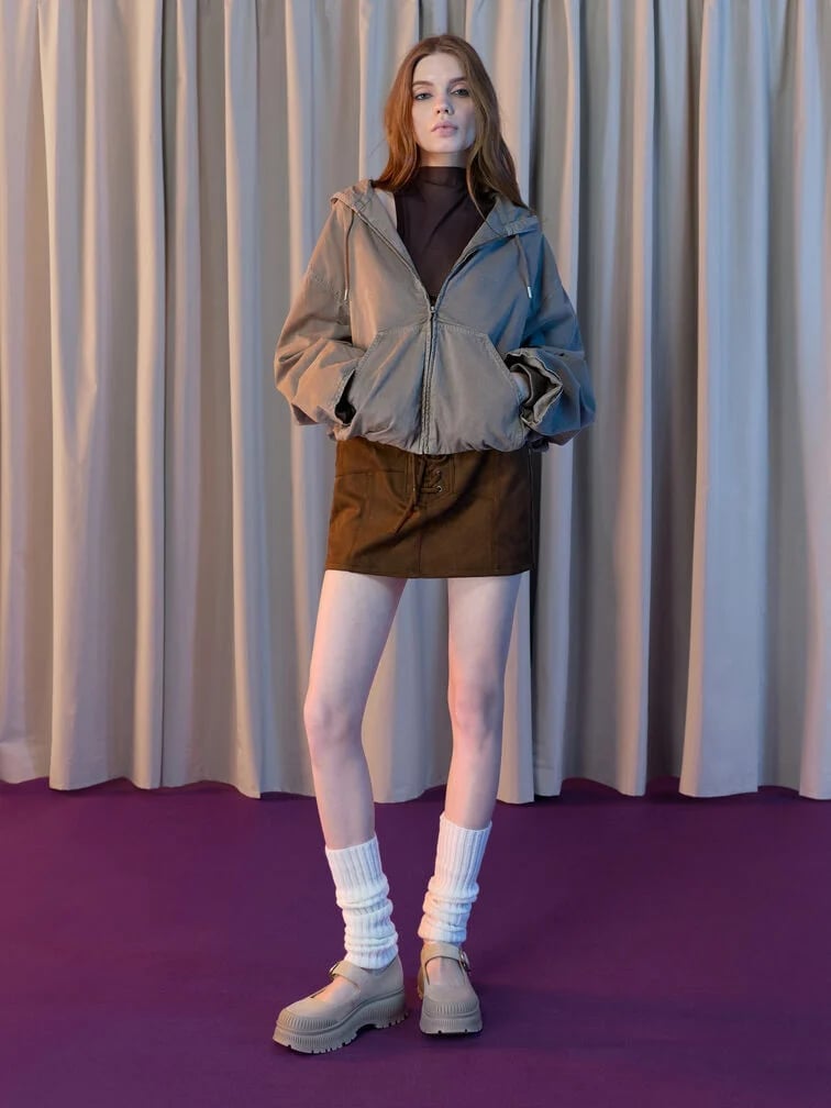 Taupe Jacket with Brown Mini Skirt Taupe Jacket with Brown Mini Skirt — Aesthetic Mary Janes Outfit