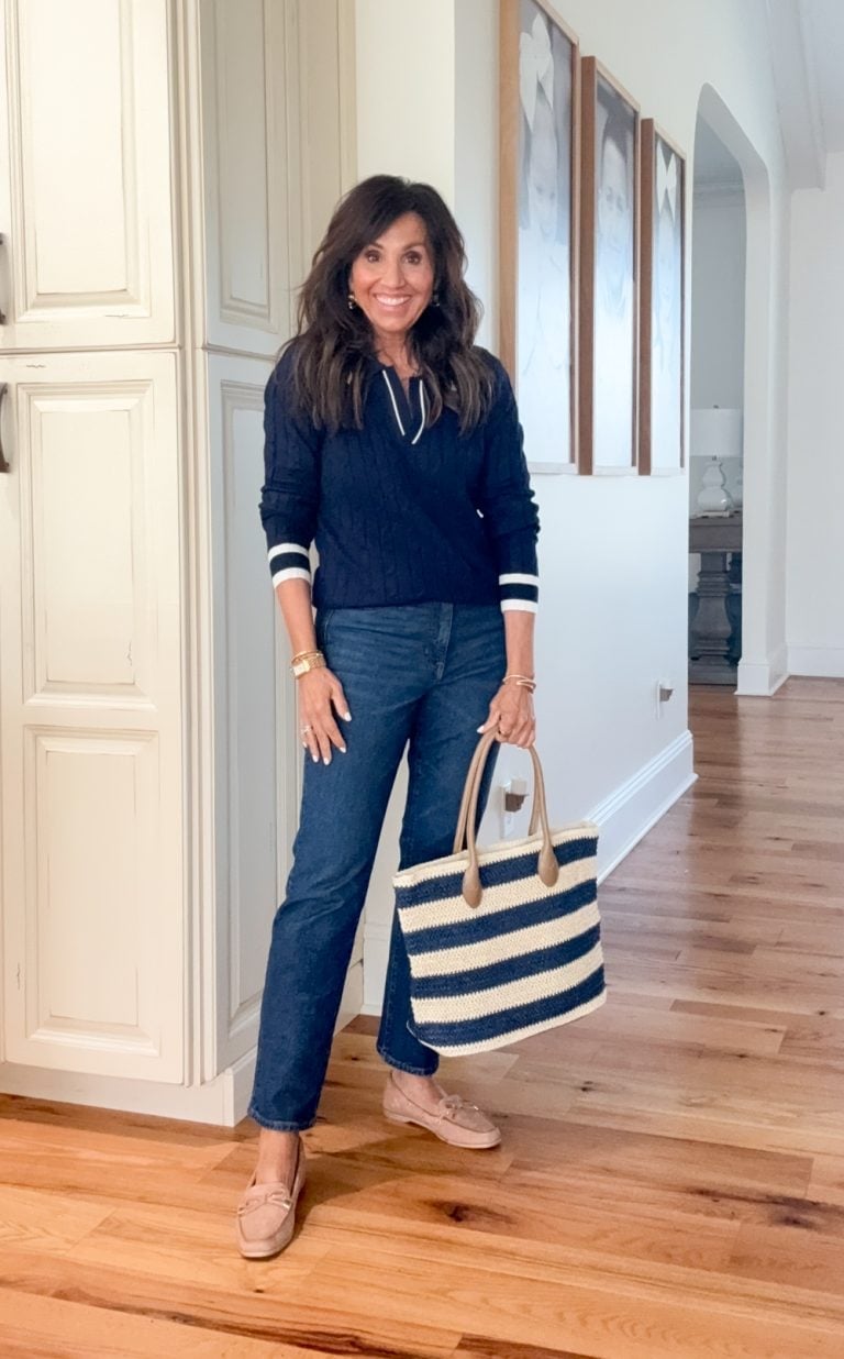 Navy Sweater With White Stripes and Blue Jeans — Aesthetic Midsize Outfits