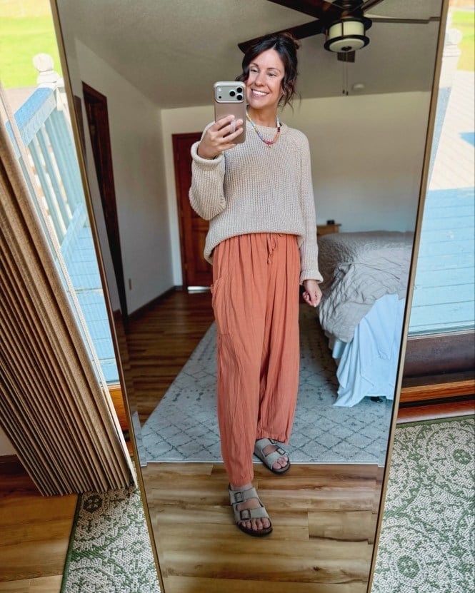 Beige Sweater With Rust Orange Gauze Pants — Aesthetic Midsize Outfits