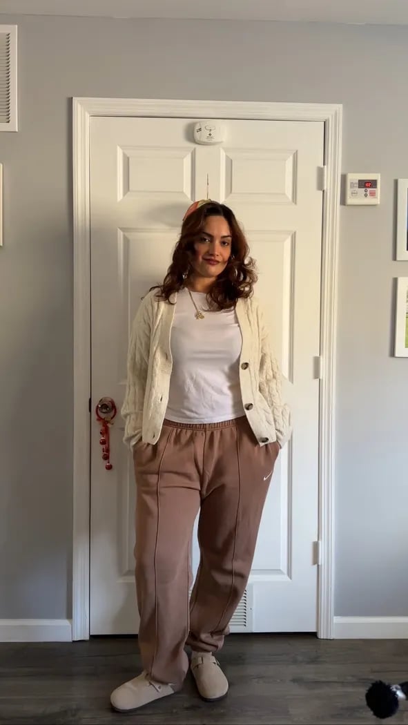 Cream Cable Knit Cardigan With Brown Trousers — Aesthetic Midsize Outfits