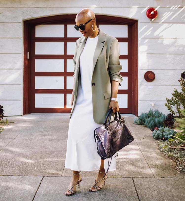 Olive Green Blazer Over White Midi Slip Dress — Aesthetic Midsize Outfits