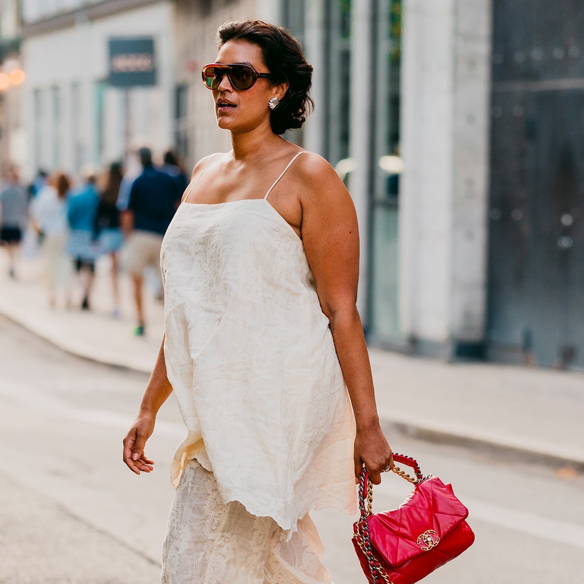Off White Slip Dress Over Beige Lace Skirt — Aesthetic Midsize Outfits