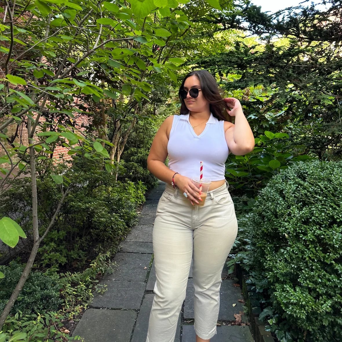 White Sleeveless Polo With Beige Trousers — Aesthetic Midsize Outfits
