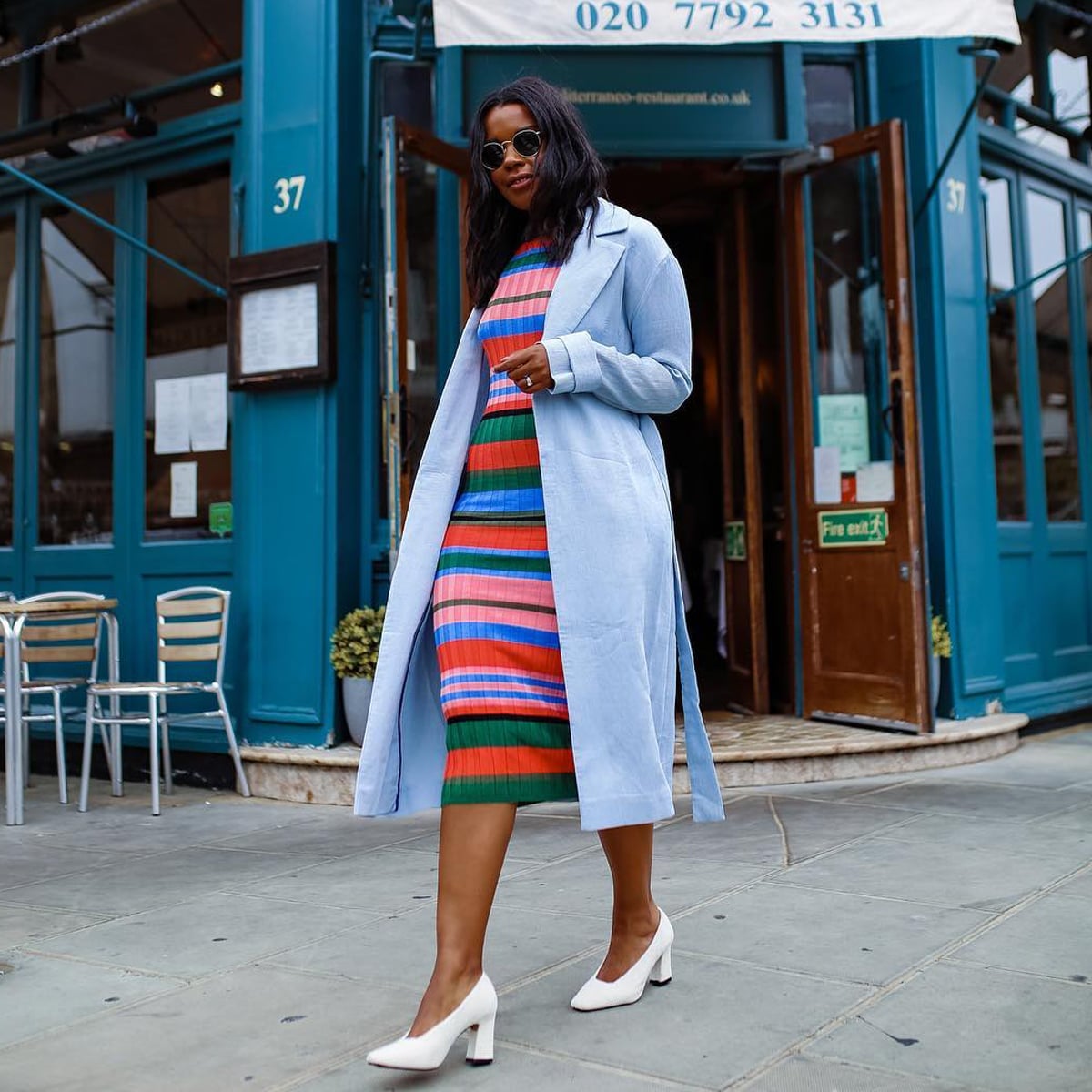 Light Blue Trench Coat Over Striped Knit Dress — Aesthetic Midsize Outfits