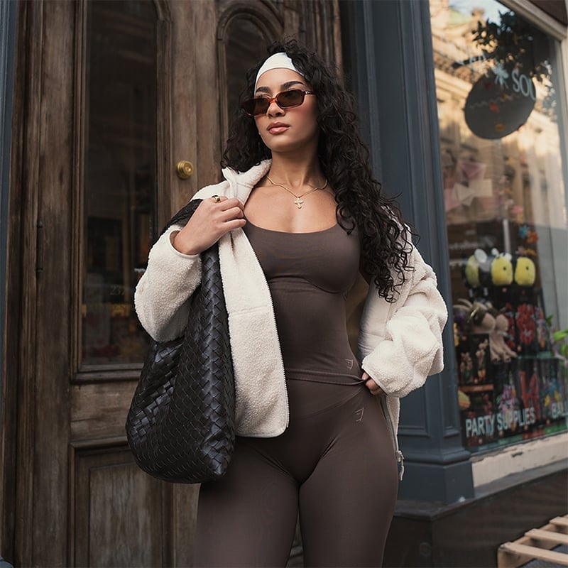 Cream Fleece Jacket Over Brown Tank and Leggings — Aesthetic Midsize Outfits