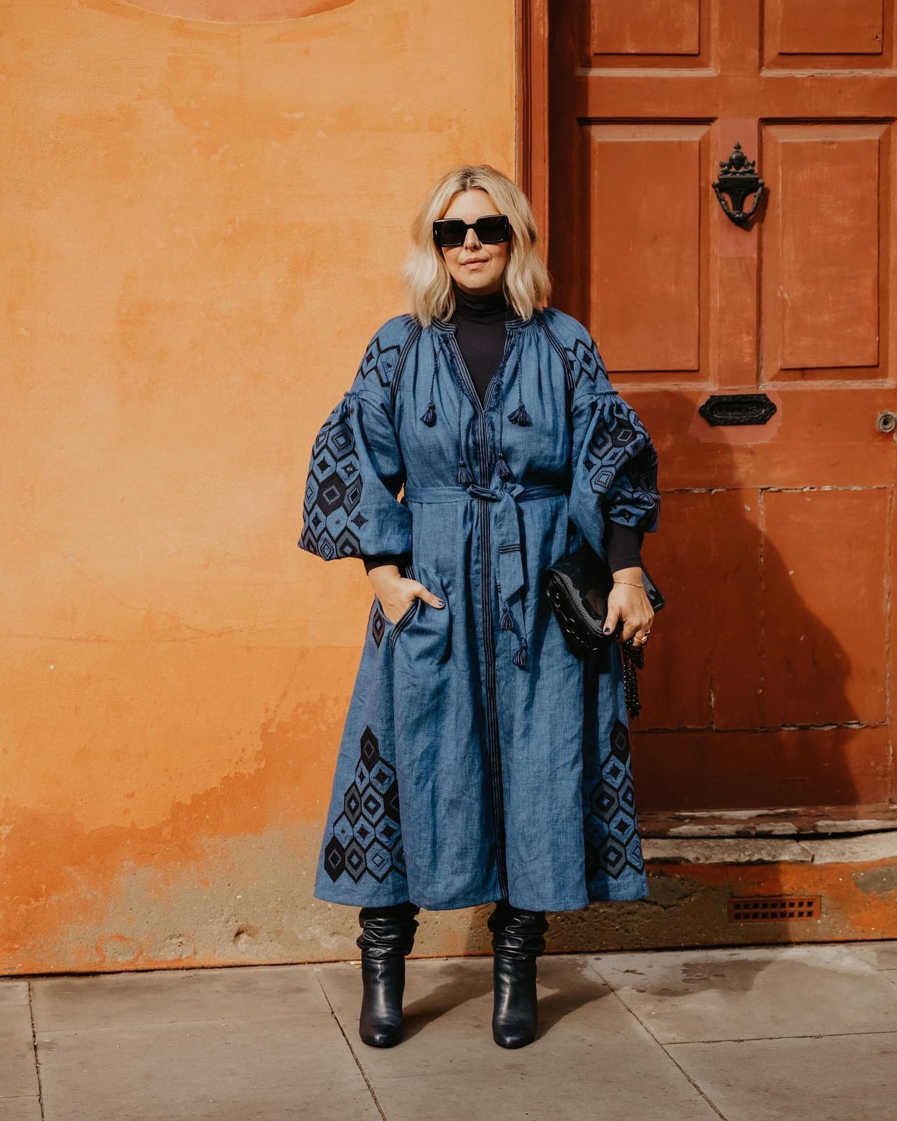 Embroidered Blue Denim Midi Dress with Turtleneck Embroidered Blue Denim Midi Dress with Turtleneck — Aesthetic Modest Dresses