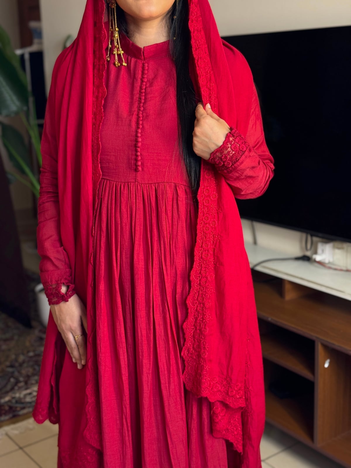 Vibrant Red Anarkali Kurta Dress Vibrant Red Anarkali Kurta Dress — Aesthetic Modest Dresses