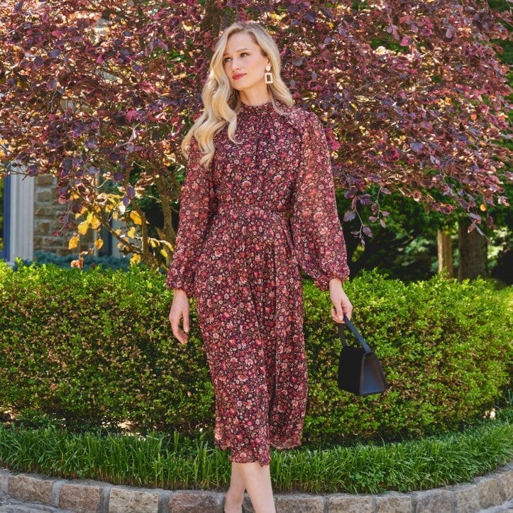 Burgundy Floral Fit and Flare Midi Dress Burgundy Floral Fit and Flare Midi Dress — Aesthetic Modest Dresses