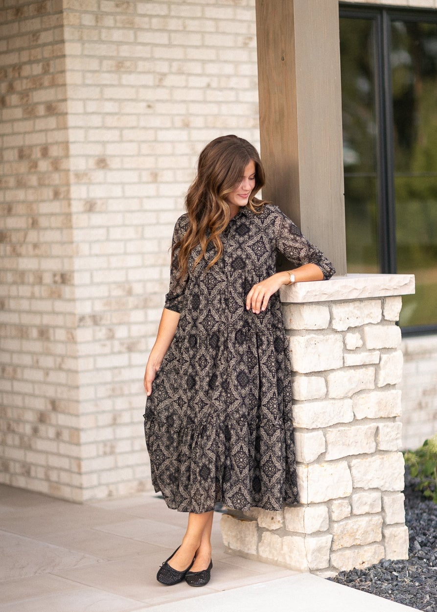 Black and Beige Geometric Tiered Midi Dress Black and Beige Geometric Tiered Midi Dress — Aesthetic Modest Dresses