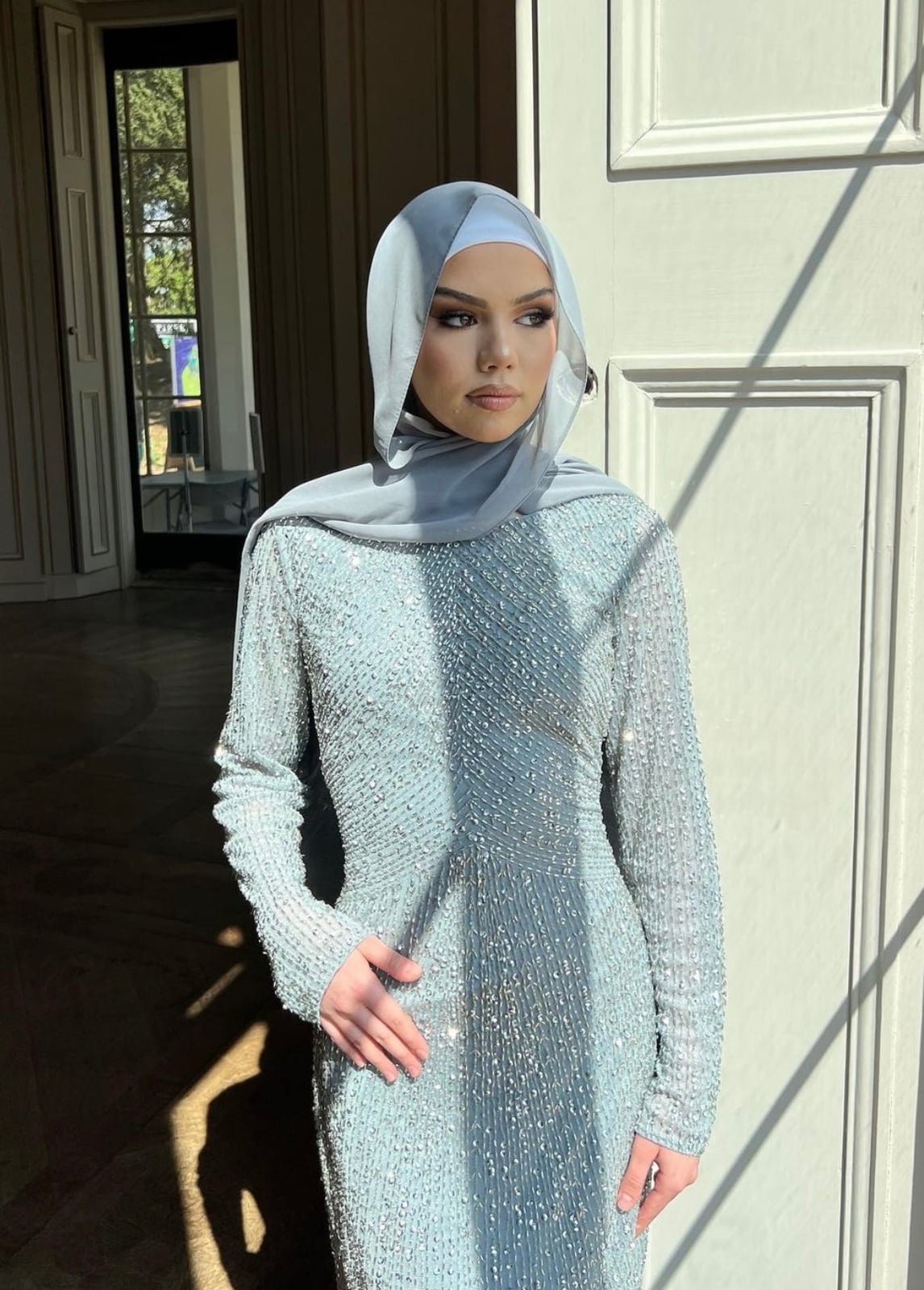 Light Blue Sequin Long Sleeve Dress Light Blue Sequin Long Sleeve Dress — Aesthetic Modest Dresses
