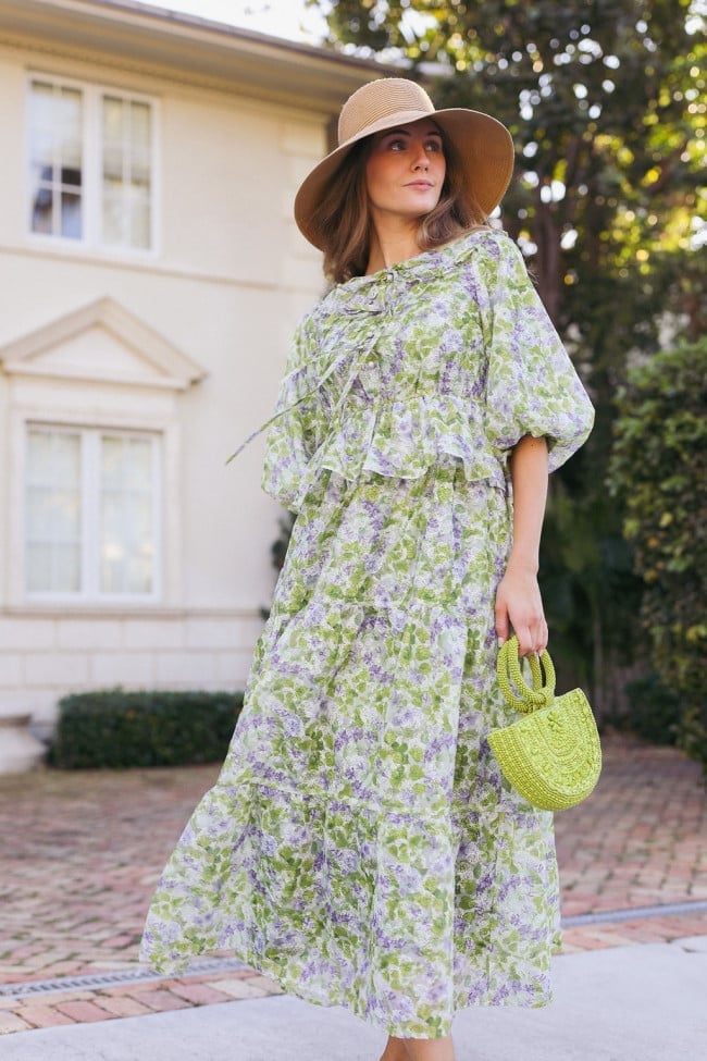 Green Purple White Floral Tiered Maxi Dress Green Purple White Floral Tiered Maxi Dress — Aesthetic Modest Dresses