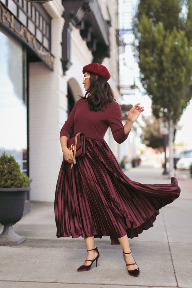 Deep Burgundy Velvet Dress with Pleated Satin Skirt Deep Burgundy Velvet Dress with Pleated Satin Skirt — Aesthetic Modest Dresses