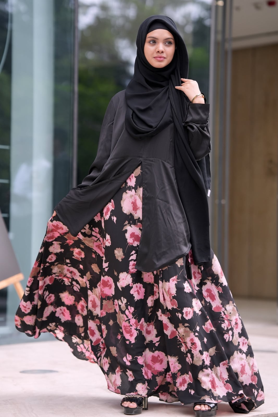 Black A-line Dress with Vibrant Floral Print Black A-line Dress with Vibrant Floral Print — Aesthetic Modest Dresses