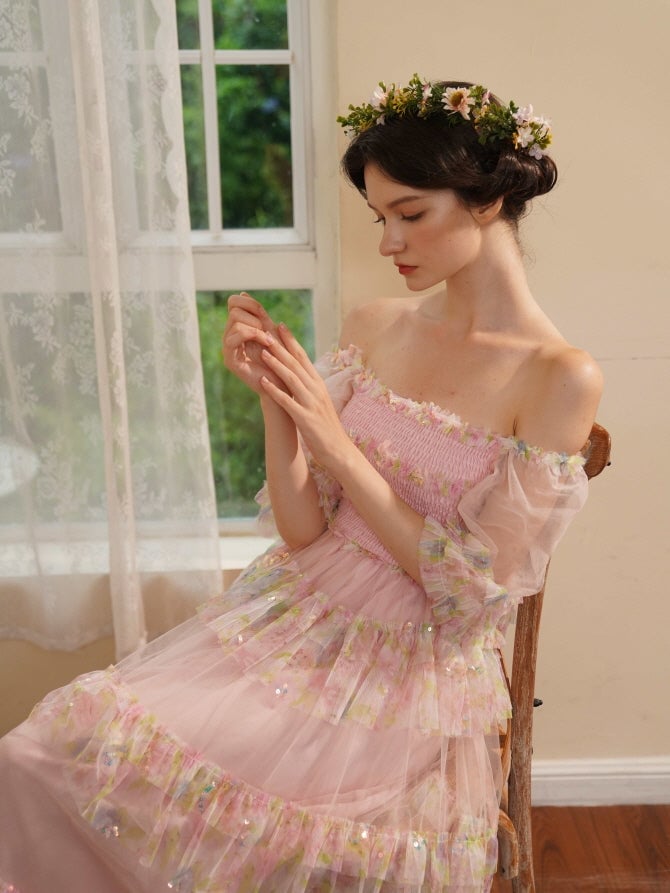 Floral Ruffle Pastel Pink Tulle Dress - Fairycore Aesthetic Outfit