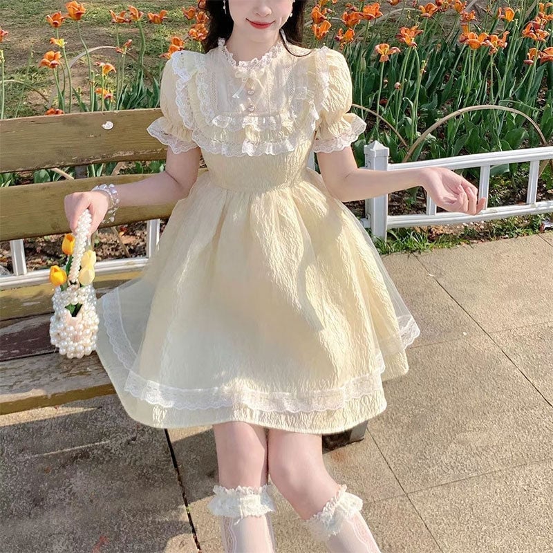 Pale Yellow Textured Mini Dress With Puff Sleeves — Aesthetic Pastel Dress