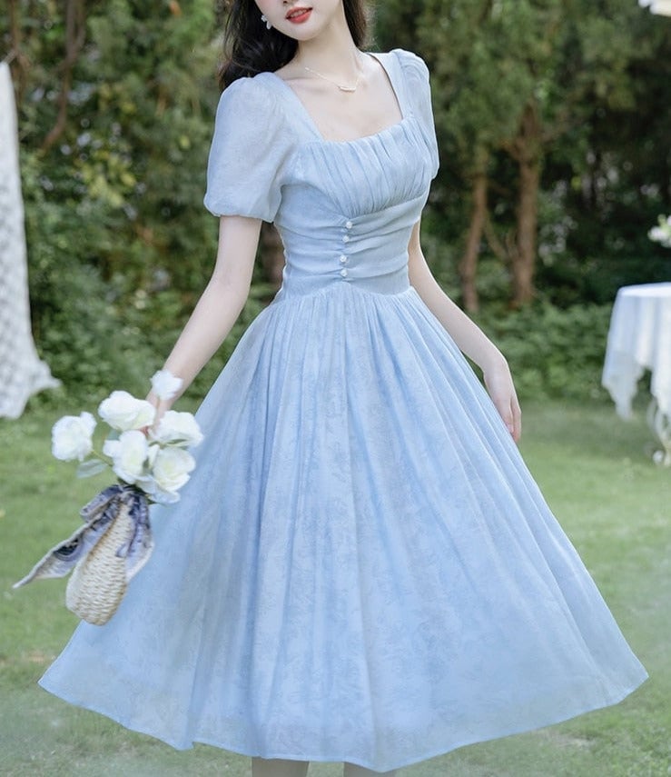 Pastel Blue Midi Dress With Ruched Bodice — Aesthetic Pastel Dress
