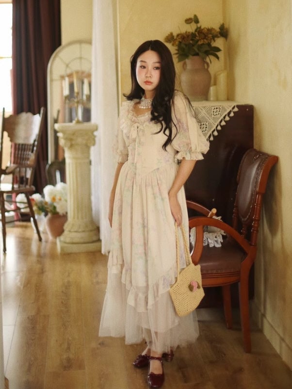 Pastel Floral Off-Shoulder Dress With Tiered Skirt — Aesthetic Pastel Dress