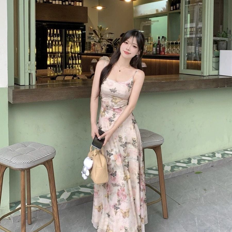 Pink Cream And Green Floral Print Maxi Dress — Aesthetic Pastel Dress