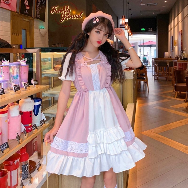 Pink And White Ruffled Dress With Lace Trim And Beret — Aesthetic Pastel Dress